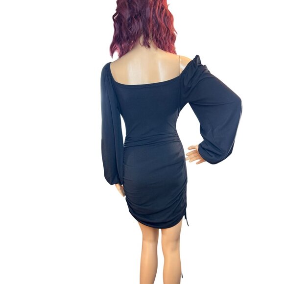 (6 for $25) Lantern Sleeve Ruched Mini Dress in Black Size Small - Picture 8 of 11